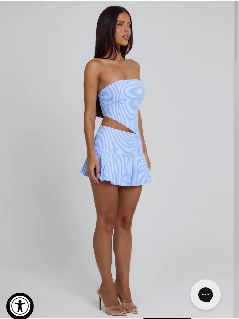 Outcast Elija Mini Dress Blue Stripe XS NWT Strapless Cutout Pleated - Picture 6 of 12